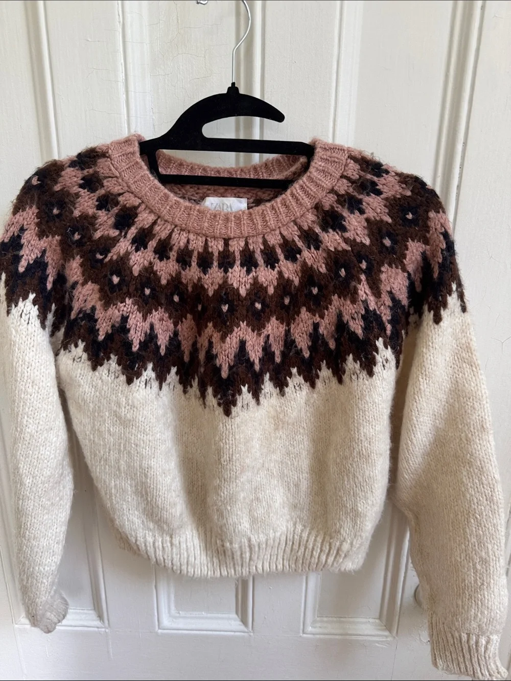 Zara Fair Isle Crewneck Sweater in Cream and Rose